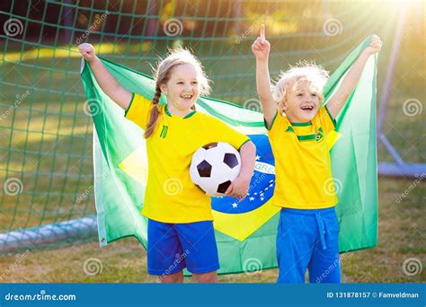 Brazil Football Fan Kids Children Play Soccer Stock Image Image Of
