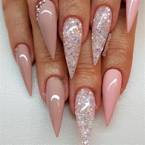 Long Nude Nails With Glitter And Rhinestones Glitternails Rhinestonesnails Stilettonails