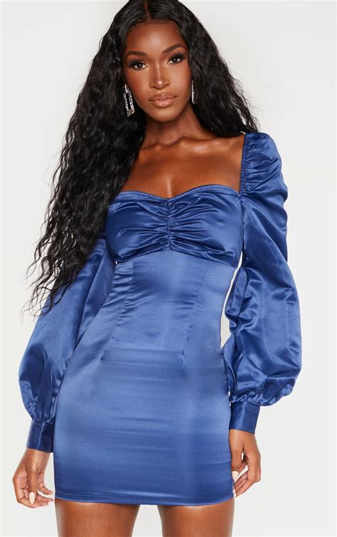 Midnight Blue Satin Ruched Bust Bodycon Dress Yamba Ebay