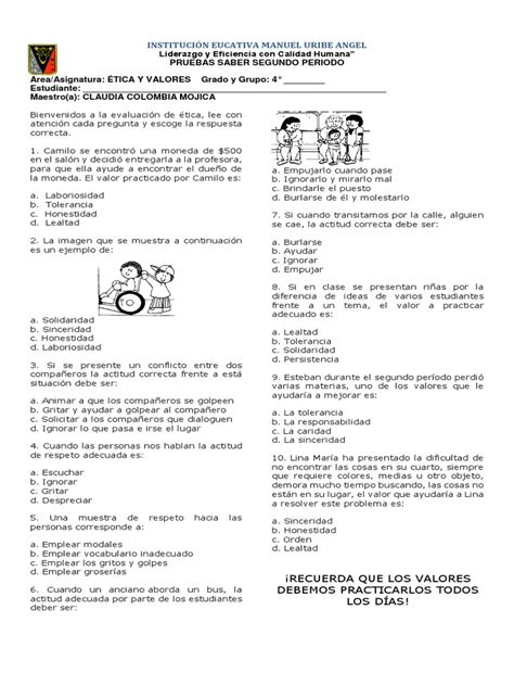 Evaluacion De Etica Y Valores 2 Periodo Grado 4° Tolerancia Evaluación