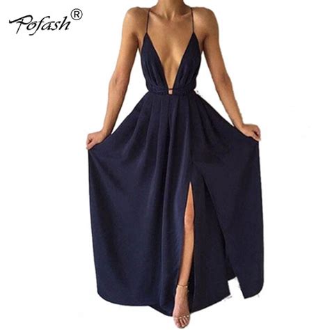 Pofash New Fashion Color Deep V Neck Maxi Dress Women Sexy Backless Evening Party Dresses