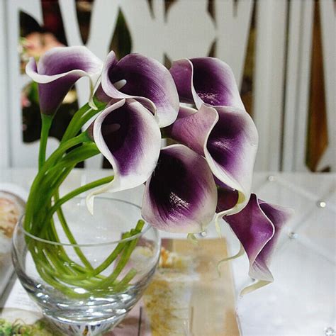 Ideal for bridal wedding bouquets, home office decoration. 9pcs Real Touch Picasso Purple Calla Lily Bouquet Purple ...