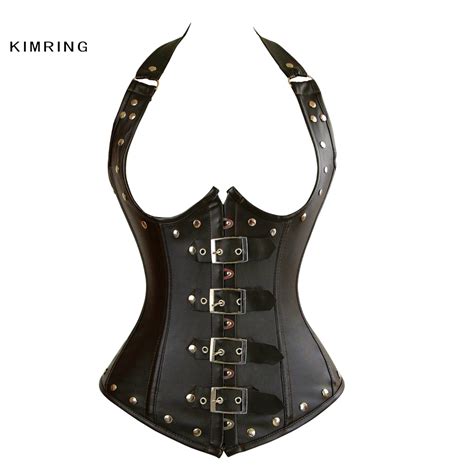 Kimring Fashion Steampunk Faux Leather Corsets Gothic Steel Boned Waist Trainer Body Shapewear