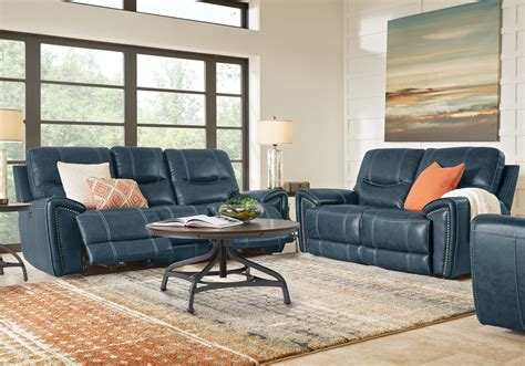 Italo Blue Leather 3 Pc Living Room With Reclining Sofa Rooms To Go