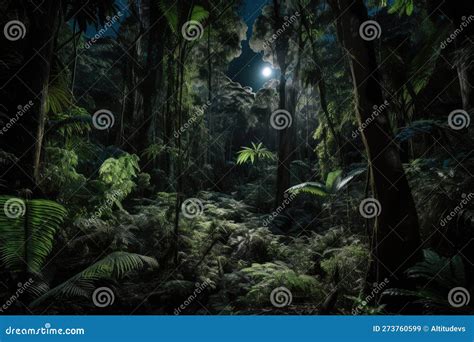 Dark Rainforest At Night With The Moon Shining Through The Towering