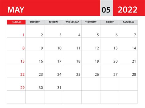 Mei 2022 Sjabloon Kalender 2022 Sjabloon Vector Planner Maandelijks