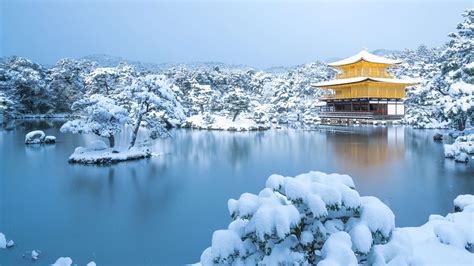 Japan Kinkaku Ji Kyoto Temple In Lake With Snow During Winter Hd Travel