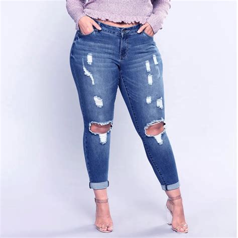 Women Plus Size Elastic Women Jeans Ripped Stretch Slim Denim Skinny Jeans Pants High Waist