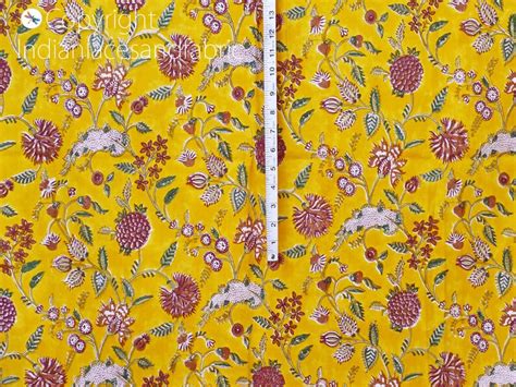 Yellow Indian Hand Block Print Soft Cotton Fabric By The Yard Etsy