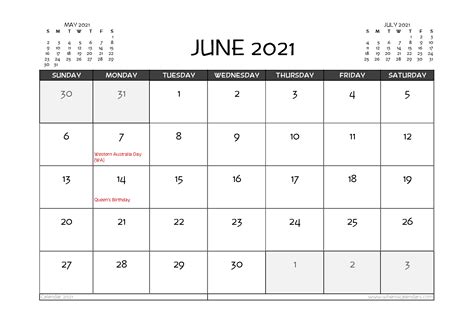 Free Printable June 2021 Calendar Australia