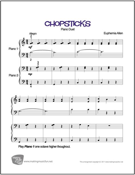 Chopsticks Duet Easy Piano Sheet Music Digital Print