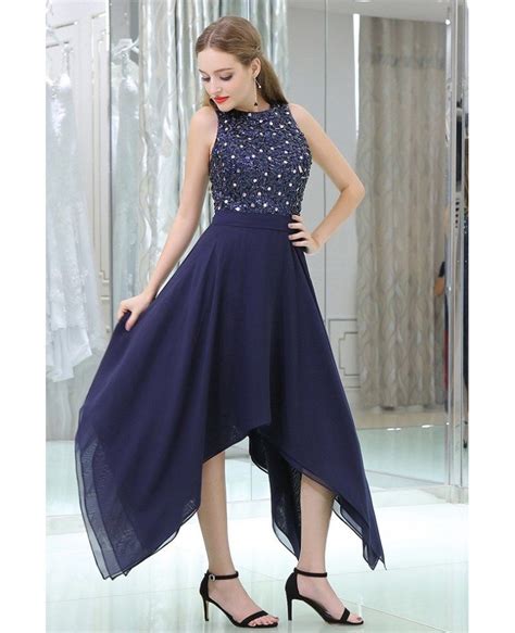 Navy Blue High Low Chiffon Prom Party Dress With Beaded Lace Bodice B019