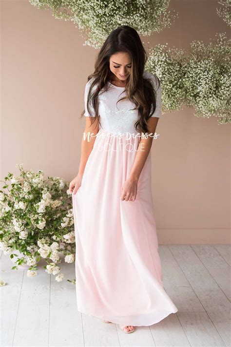 Baby Pink Chiffon Sequin Maxi Dress Beautiful Modest Bridesmaids