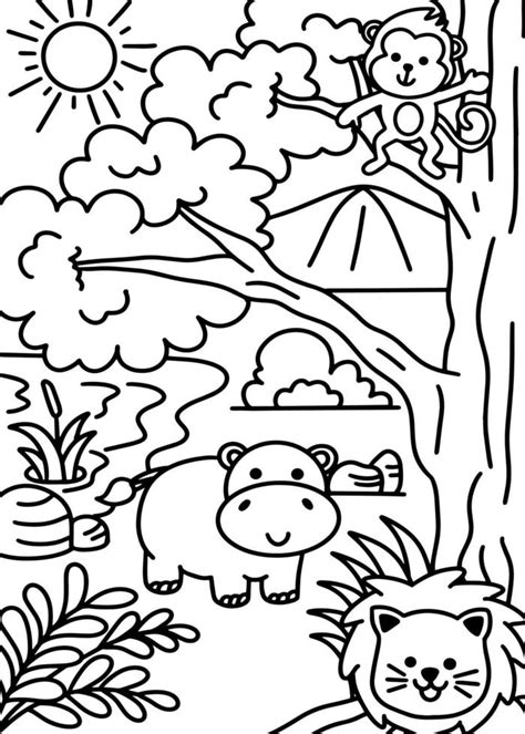 Cute Animal Coloring Black White With Hippo Monkey And Lion In Jungle