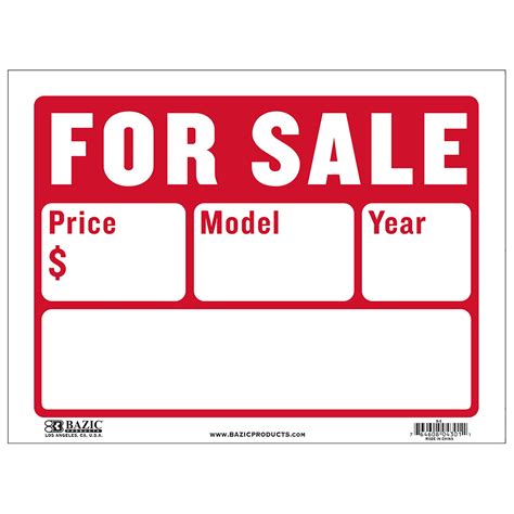 Bazic For Sale Sign Car Auto Sales 9x12 2 Line Model Year Phone