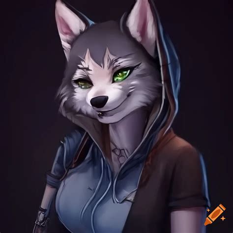 Image Of A Female Anthropomorphic Wolf Furry She Has Black Fur Green