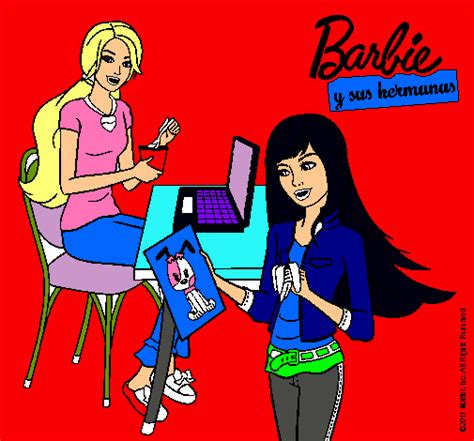 Dibujo de Barbie y su hermana merendando pintado por Carolina en Dibujos net el día