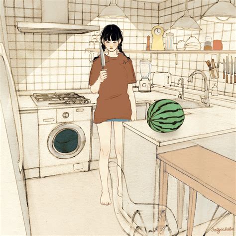 A Woman Standing In A Kitchen Next To A Watermelon