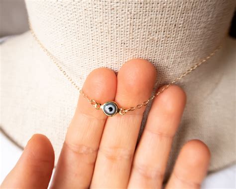 dainty evil eye choker necklace in gold filled turquoise blue turkish evil eye protection