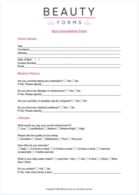 Spa Consultation Form Template