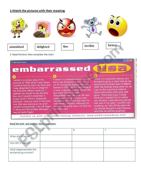 Reading About Embarrassing Moments Esl Worksheet By Deliprincess
