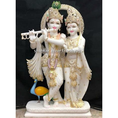 Painted Hindu 2 Feet White Marble Radha Krishna Statue For Worship At