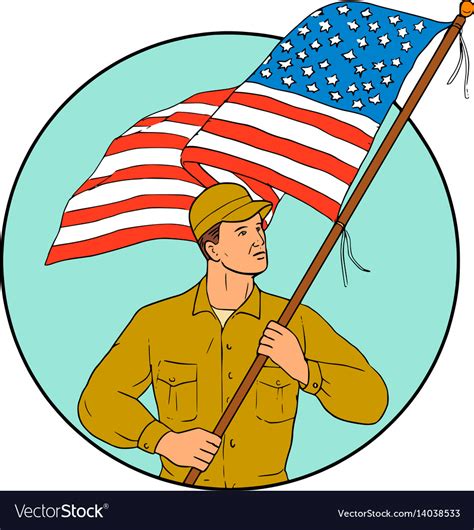 American Soldier Waving Usa Flag Circle Drawing Vector Image