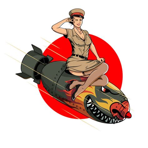 Retro Asian Pinup Girl War Cartoon Illustrations Royalty Free Vector