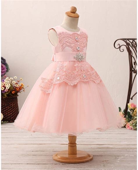Cute Pink Short Lace Tulle Flower Girl Dress For Crystal Beading Ht18