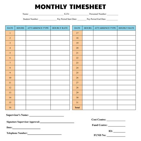 10 Best Printable Monthly Time Sheets