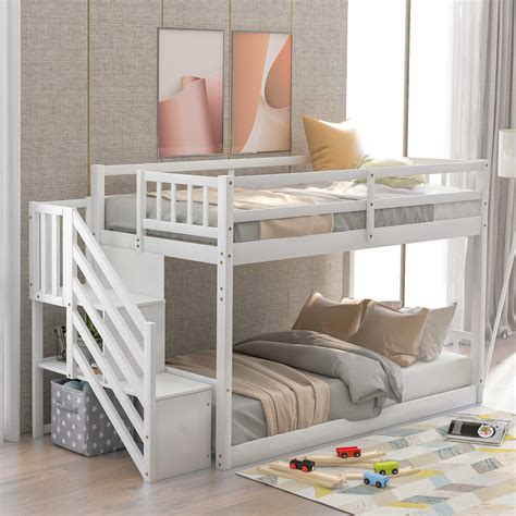 buy twin over twin floor bunk bed with stairs and storage shelves baysitone wood low bunk bed