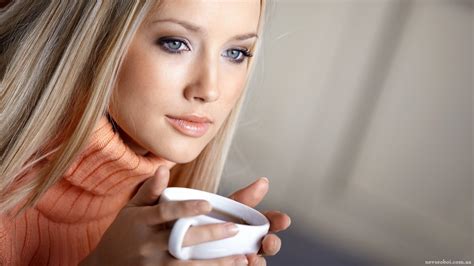 Wallpaper Face Model Blonde Long Hair Blue Eyes Closeup Sweater Cup Mouth Person