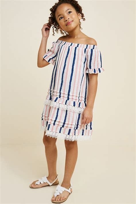 Striped Off Shoulder Crochet Lace Dress In 2021 Tween Fashion Outfits