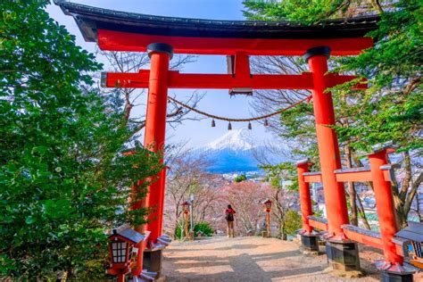 Red Wooden Gate At Arakura Sengen Shrine With Mount Fuji In The