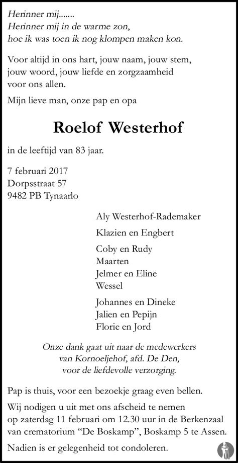 Roelof Westerhof 07 02 2017 Overlijdensbericht En Condoleances