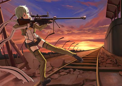 Wallpaper Sword Art Online 2 Asado Shino Sniper Railway Sunset