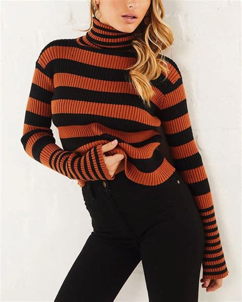 Atlanta Colorblock Stripe Turtleneck Sweater In Brown Flirtyfull