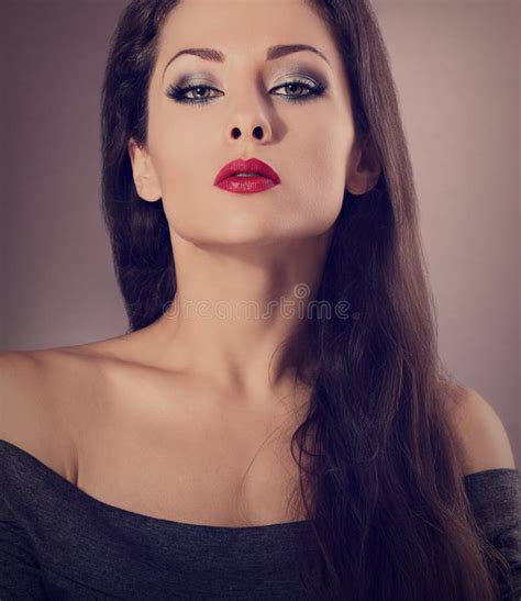 Beautiful Woman With Bright Smokey Makeup Eyes And Red Lipstick Stock