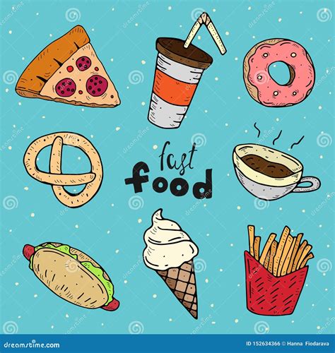 Cute Set Of Fast Food Vector Cartoon Illustration Stock Vector