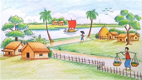How to draw a beautiful village scenery step by step with water colour pencil.watch. Nature Drawing Ideas For Kids and Adult - Visual Arts Ideas