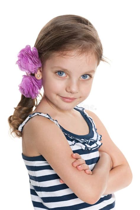 Confident Little Girl Against The White Background Stock Photo Image