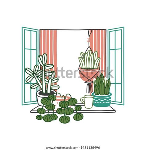 Illustration House Plants Flowers Pots Open Stock Vector Royalty Free