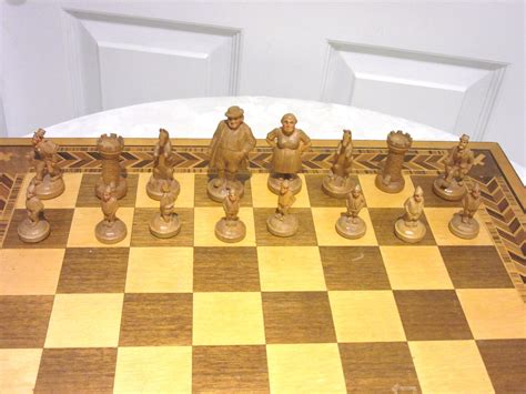 German Midcentury Hand Carved Black Forest Chess Set For Sale At