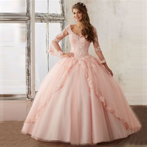 Pink Baby Blue Quinceanera Dresses Lace Long Sleeve