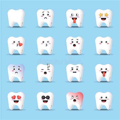 Cute Tooth With Emoticons Set Stock Vector Illustration Of Care