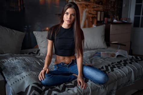 wallpaper sitting belly jeans in bed pillow long hair women indoors straight hair