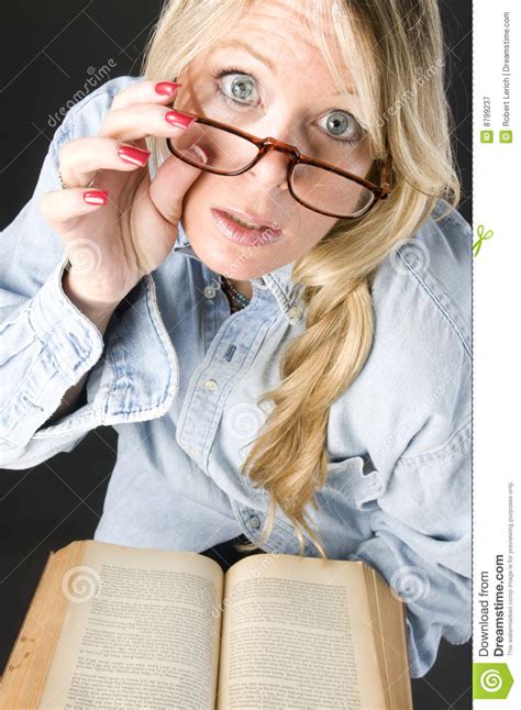 Attractive Blond Woman Reading Glasses Book Stock Image Image Of Senior Book 8799237