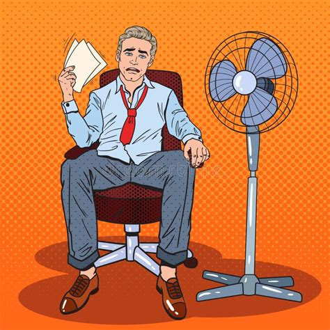 Pop Art Sweating Businessman In Front Of Fan At Office Work Summer