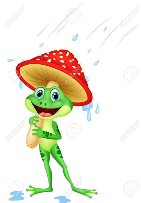 Cute Frog Cartoon Wearing Rain Gear Under Mushroom Arte De Rana