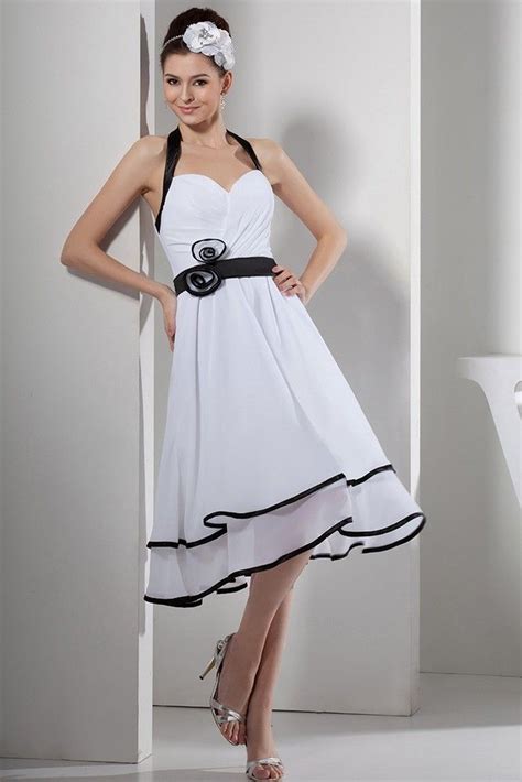 Beautiful Knee Length Halter Tiered White Chiffon Prom Evening Dress